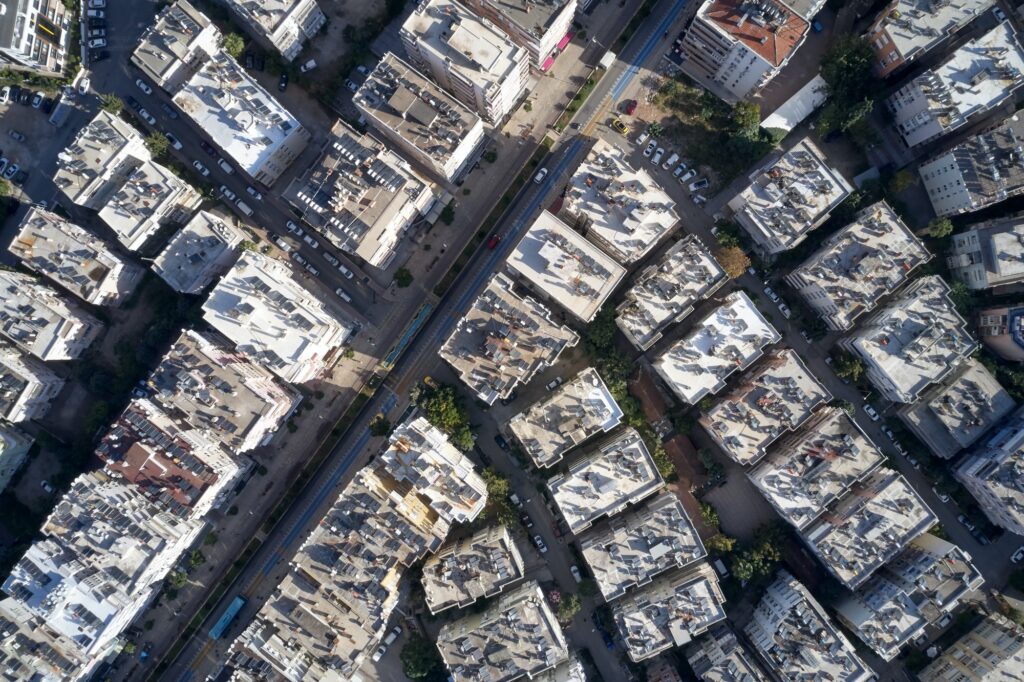 Downtown infrastructure, aerial drone view.