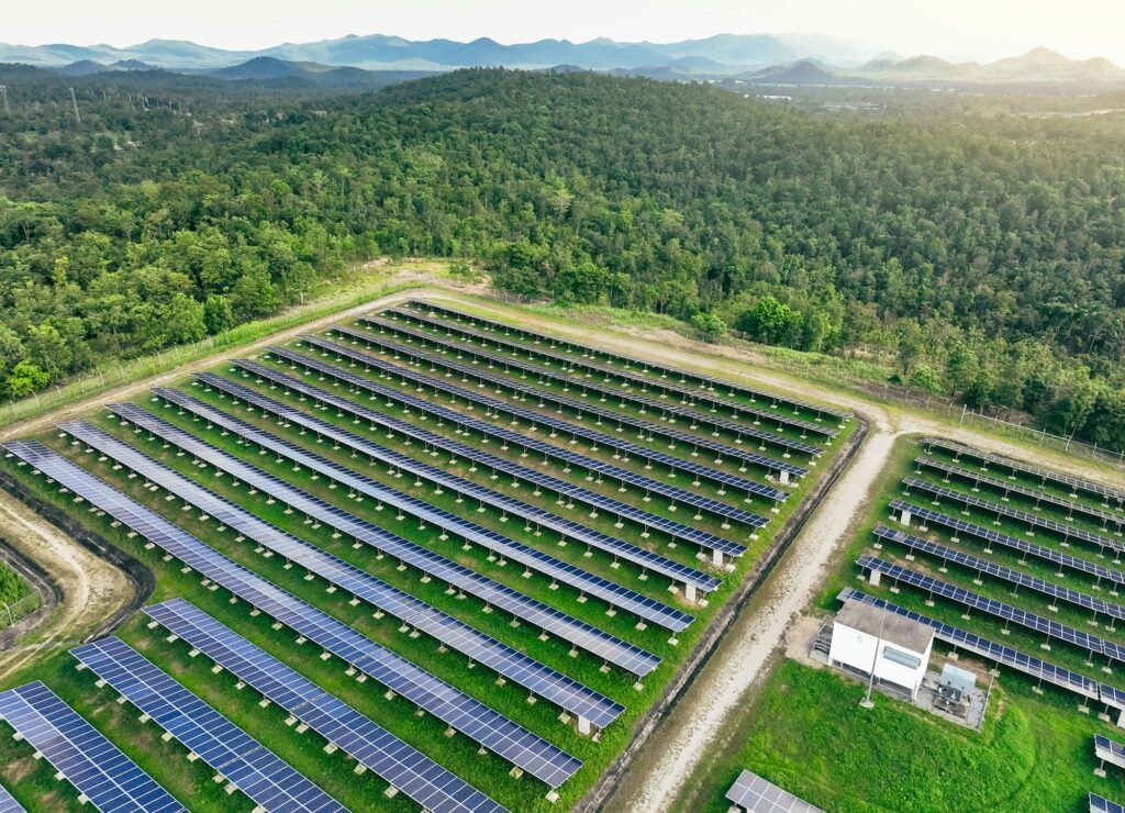 Landscape of solar farm. Solar power for green energy. Sustainable renewable energy. Photovoltaic