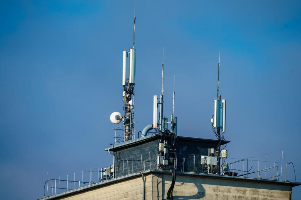 Telecommunication concrete tower with antennas