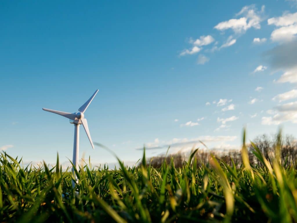 toy wind turbine on a green wheat field