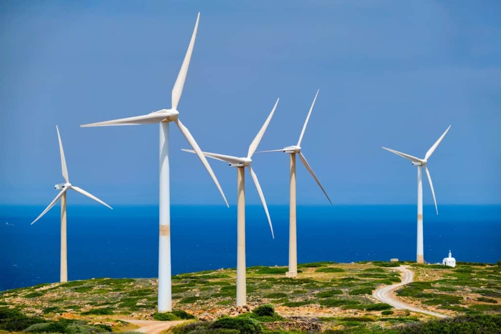 Wind generator turbines. Crete island, Greece