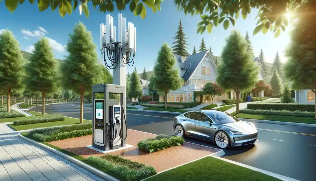 Dall·e 2024 02 06 00.59.22 Craft A Highly Detailed And Ultra Realistic Image Of A Suburban Setting Highlighting A Newly Designed Standalone Cell Tower And A Car Charging Statio